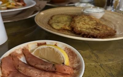 Hashbrouns with salmon weak salt and sour cream photo Hashbrouns with salmon weak salt and sour cream image